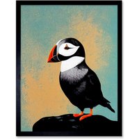 Artery8 Wall Art Print Cute Puffin Bird on Rock Modern Art Framed in Black | Size: W12" x H16"