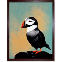 Artery8 Wall Art Print Cute Puffin Bird on Rock Modern Art Framed in Brown | Size: W12" x H16"