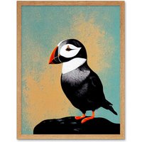 Artery8 Wall Art Print Cute Puffin Bird on Rock Modern Art Framed in Light Oak | Size: W12" x H16"