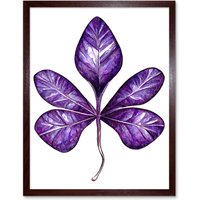 Artery8 Wall Art Print Purple on White Money Tree Leaf Modern Simple Art Framed in Brown | Size: W12" x H16"