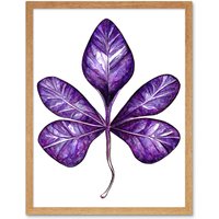 Artery8 Wall Art Print Purple on White Money Tree Leaf Modern Simple Art Framed in Light Oak | Size: W12" x H16"
