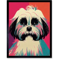 Artery8 Wall Art Print Modern Cute Shih Tzu Dog Vibrant Bright Portrait in Pink Blue Orange Cream Art Framed in Black | Size: W12" x H16"