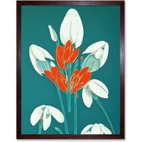 Artery8 Wall Art Print Abstract Snowdrops Red Flowers on Teal Retro Mid Century Style Art Framed in Brown | Size: W12" x H16"