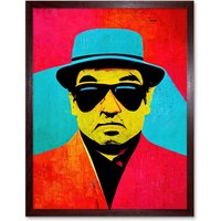 Artery8 Wall Art Print Pop Art Bright Jazz Musician Pork Pie Hat Sunglasses Red Turquoise Yellow Art Framed in Brown | Size: W12" x H16"