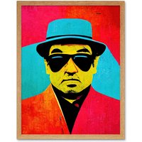 Artery8 Wall Art Print Pop Art Bright Jazz Musician Pork Pie Hat Sunglasses Red Turquoise Yellow Art Framed in Light Oak | Size: W12" x H16"