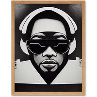 Artery8 Wall Art Print Hip Hop Black Artist Music DJ Monochrome Music Musician Art Framed in Light Oak | Size: W12" x H16"