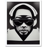 Artery8 Wall Art Print Hip Hop Black Artist Music DJ Monochrome Music Musician Art Framed in White | Size: W12" x H16"
