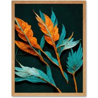 Artery8 Wall Art Print Striking Modern Bright Teal & Orange Detailed Dried Leaves on Black Art Framed in Light Oak | Size: W12" x H16"