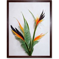 Artery8 Wall Art Print Bird of Paradise Stem Leaves & Flowers Tropical Plant Botanical Art Framed in Brown | Size: W12" x H16"