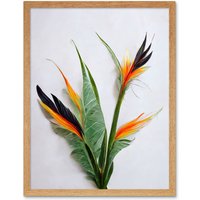 Artery8 Wall Art Print Bird of Paradise Stem Leaves & Flowers Tropical Plant Botanical Art Framed in Light Oak | Size: W12" x H16"