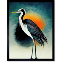 Artery8 Wall Art Print Heron Monochrome Bird Portrait Orange Sunrise Acrylic Paint Art Framed in Black | Size: W12" x H16"