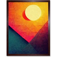 Artery8 Wall Art Print Abstract Geometric Retro Eclipse Moon Sun Yellow Pink Teal Colourful Sunset Art Framed in Brown | Size: W12" x H16"