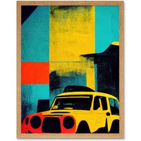 Artery8 Wall Art Print Andy Warhol Inspired Modern Abstract Car Taxi Yellow Orange Teal Black Art Framed in Light Oak | Size: W12" x H16"