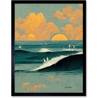 Artery8 Wall Art Print Surfers Surfing Chasing Waves at Sunset Teal Mustard Abstract Oil Paint Art Framed in Black | Size: W12" x H16"
