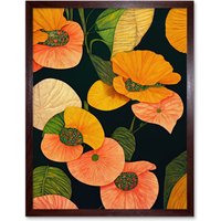 Artery8 Wall Art Print Modern Tropical Lake Flowers Orange Yellow Peach Cream Warm Colours on Dark Green Art Framed in Brown | Size: W12" x H16"