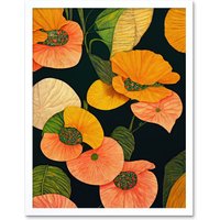 Artery8 Wall Art Print Modern Tropical Lake Flowers Orange Yellow Peach Cream Warm Colours on Dark Green Art Framed in White | Size: W12" x H16"