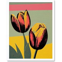 Artery8 Wall Art Print Bright Modern Silkscreen Tulip Blooms Stencil Dusky Pink Sage Green Mustard Yellow Art Framed in White | Size: W12" x H16"