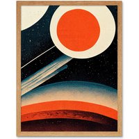 Artery8 Wall Art Print Retro Boho Space Starscape Abstract Mid Century Style Navy Teal Orange Cream Art Framed in Light Oak | Size: W12" x H16"
