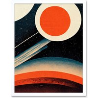 Artery8 Wall Art Print Retro Boho Space Starscape Abstract Mid Century Style Navy Teal Orange Cream Art Framed in White | Size: W12" x H16"