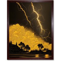 Artery8 Wall Art Print Gold & Black Thunder Storm with Bright Lightning at Lakeside Tree Silhouette Art Framed in Brown | Size: W12" x H16"