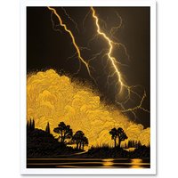 Artery8 Wall Art Print Gold & Black Thunder Storm with Bright Lightning at Lakeside Tree Silhouette Art Framed in White | Size: W12" x H16"