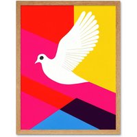 Artery8 Wall Art Print White Peace Dove Vibrant Colourful Geometric Multi Colour Graphic Design Art Framed in Light Oak | Size: W12" x H16"