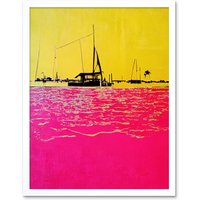 Artery8 Wall Art Print Modern Abstract Seaside Port With Colour Blocking Yellow & Hot Pink Art Framed in White | Size: W12" x H16"