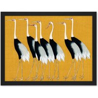 Artery8 Wall Art Print Herons Cranes Flock Birds Ogata Korin Vintage Monochrome Mustard Yellow Large Framed Wall Décor Art | Size: W18" x H24"