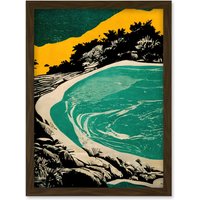 Artery8 Beach Lagoon Abstract Marbled Seascape Mustard Teal Artwork Framed Wall Art Print A4 in Brown