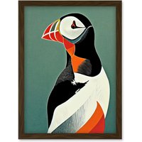 Artery8 Bright Bold Colourful Atlantic Puffin Bird Portrait Artwork Framed Wall Art Print A4 in Brown
