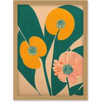Artery8 California Poppy Flower Blooms Turquoise Leaves Bright Artwork Framed Wall Art Print A4 in Light Oak