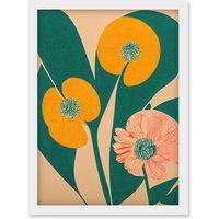 Artery8 California Poppy Flower Blooms Turquoise Leaves Bright Artwork Framed Wall Art Print A4 in White