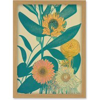Artery8 Marigold Daisy Flowers Turquoise Leaves Bright Colourful Abstract Artwork Framed Wall Art Print A4 in Light Oak