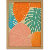Artery8 Tropical Monstera Leaf Jungle Pastel Botanical Artwork Framed Wall Art Print A4 in Light Oak