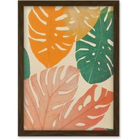 Artery8 Pastel Monstera Leaves Botanical Artwork Framed Wall Art Print A4 in Brown