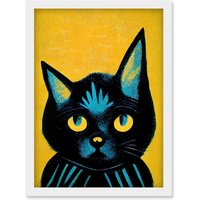 Artery8 Quirky Bold Black Cat Yellow Blue Artwork Framed Wall Art Print A4 in White