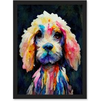 Artery8 Bright Abstract Colourful Dog Spaniel Cavapoo Cockapoo Artwork Framed Wall Art Print A4 in Black
