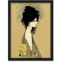Artery8 Klimt Style Woman in Multi Coloured Shawl Painting Artwork Framed Wall Art Print A4 in Black