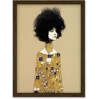 Artery8 Klimt Style Retro Boho Afro Hair Abstract Gold Dress Artwork Framed Wall Art Print A4 in Brown
