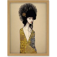 Artery8 Golden Geisha Abstract Elegant Painting Artwork Framed Wall Art Print A4 in Light Oak