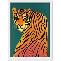 Artery8 Modern Tiger Portrait on Teal Orange Bold Artwork Framed Wall Art Print A4 in White