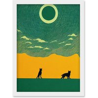 Artery8 Abstract Wolves Minimalist Surreal Sky Green Yellow Artwork Framed Wall Art Print A4 in White