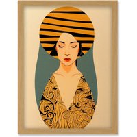 Artery8 Retro Woman Mid Century Bohemian Yellow Art Nouveau Artwork Framed Wall Art Print A4 in Light Oak
