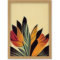 Artery8 Abstract Retro Art Nouveau Flowers in Bloom Black Gold Artwork Framed Wall Art Print A4 in Light Oak