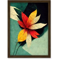 Artery8 Abstract Flowers Teal Red Yellow Artwork Framed Wall Art Print A4 in Brown