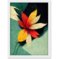 Artery8 Abstract Flowers Teal Red Yellow Artwork Framed Wall Art Print A4 in White