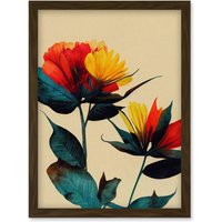 Artery8 Botanical Bold Flowering Yellow Red Teal Artwork Framed Wall Art Print A4 in Brown