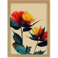 Artery8 Botanical Bold Flowering Yellow Red Teal Artwork Framed Wall Art Print A4 in Light Oak