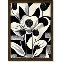 Artery8 Monochrome Black White Abstract Retro Flower Pattern Artwork Framed Wall Art Print A4 in Brown