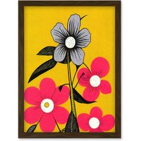 Artery8 Bold Flowers Linocut Pink & Mustard Yellow Print Artwork Framed Wall Art Print A4 in Brown